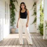 Cream ribbed wide leg pants with rhinestone details for women (4)