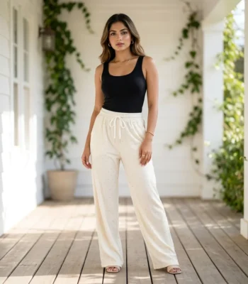 Cream ribbed wide leg pants with rhinestone details for women (4)