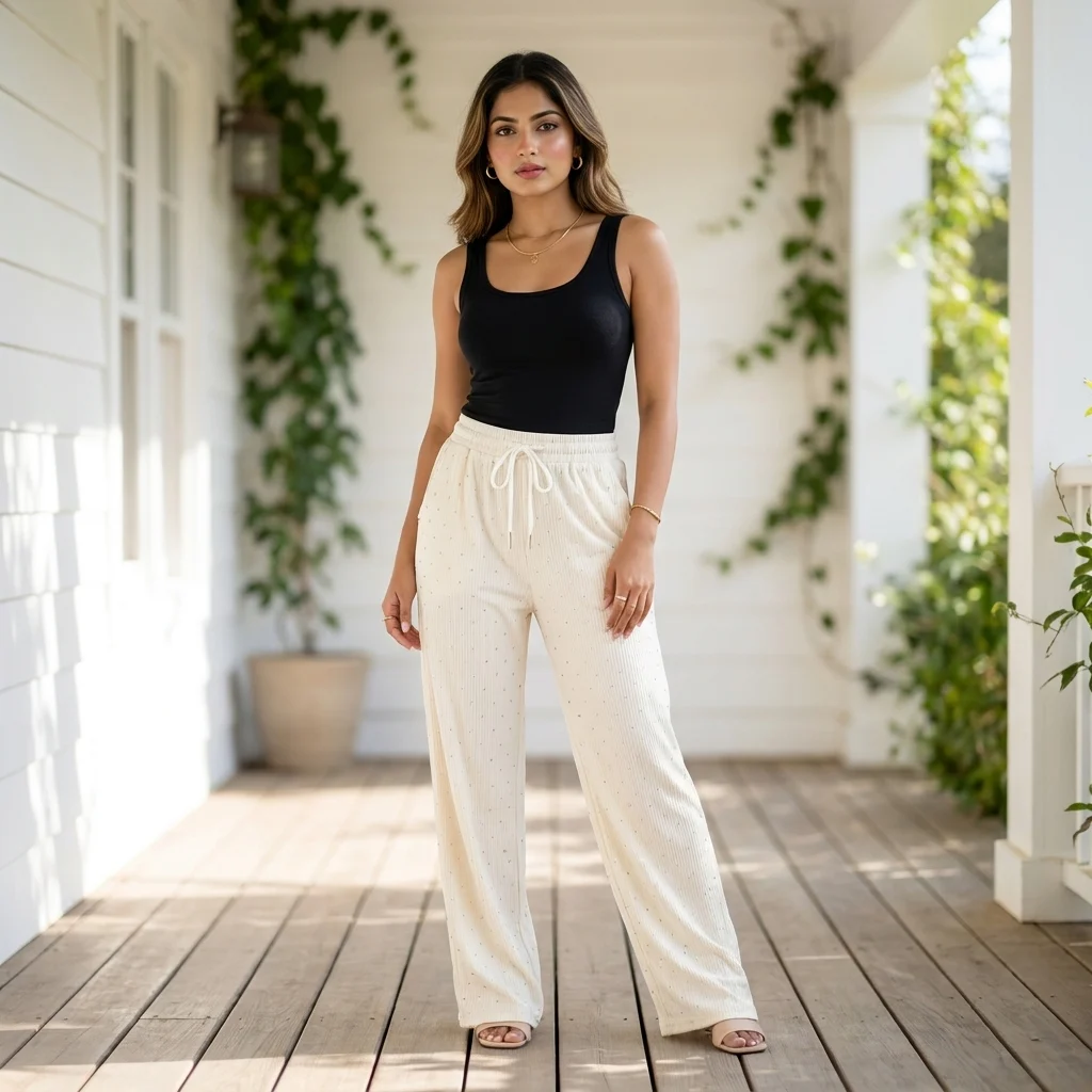 Cream ribbed wide leg pants with rhinestone details for women (4) Cream ribbed wide leg pants with rhinestone details for women (4)