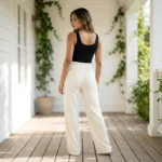 Cream ribbed wide leg pants with rhinestone details for women (5)