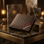 Dark brown Bomshisky men's bifold wallet featuring an embossed B pattern and contrast orange stitching (1)
