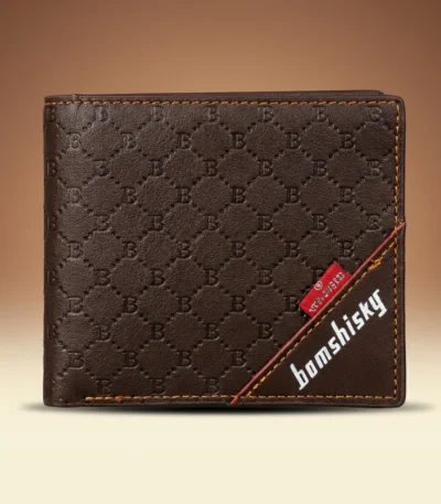 Dark brown Bomshisky men's bifold wallet featuring an embossed B pattern and contrast orange stitching (2)