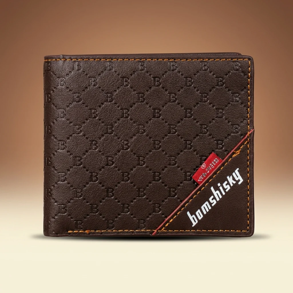 Dark brown Bomshisky men's bifold wallet featuring an embossed B pattern and contrast orange stitching (2)