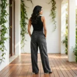 Dark grey wide leg trousers with all over black typographic logo print for women (1)