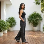 Dark grey wide leg trousers with all over black typographic logo print for women (4)