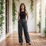 Dark grey wide leg trousers with all over black typographic logo print for women (5)