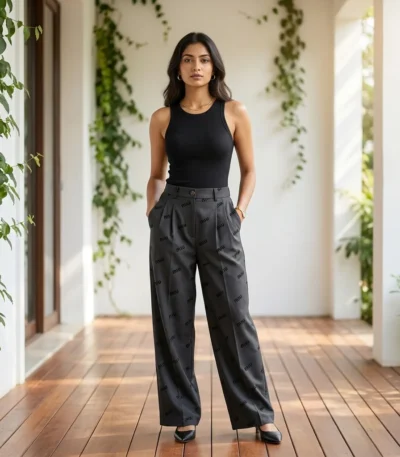 Dark grey wide leg trousers with all over black typographic logo print for women (5)