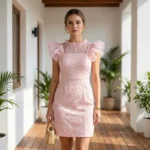 Elegant light pink mini dress for women featuring 3D floral texture, sheer high neck with ruffles, and a bow back detail (1)