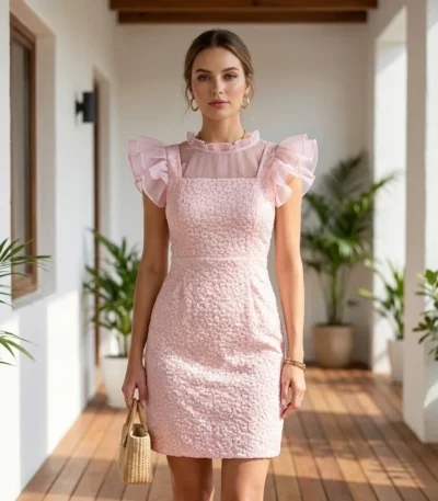 Elegant light pink mini dress for women featuring 3D floral texture, sheer high neck with ruffles, and a bow back detail (1)