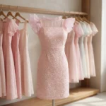 Elegant light pink mini dress for women featuring 3D floral texture, sheer high neck with ruffles, and a bow back detail (2)