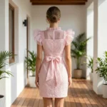 Elegant light pink mini dress for women featuring 3D floral texture, sheer high neck with ruffles, and a bow back detail (4)
