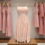 Front and back view of a woman wearing a light pink tiered maxi dress with white floral embroidery (2)