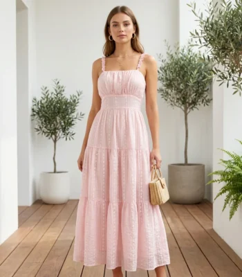 Front and back view of a woman wearing a light pink tiered maxi dress with white floral embroidery (4)
