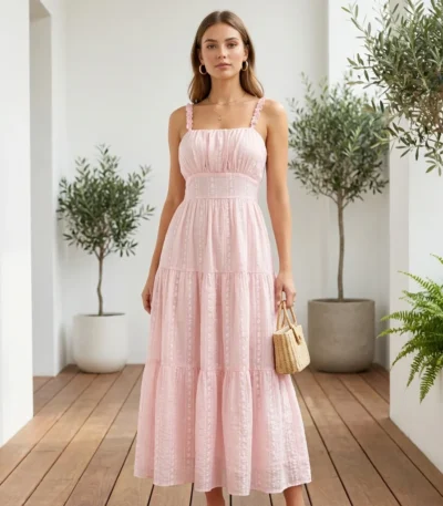 Front and back view of a woman wearing a light pink tiered maxi dress with white floral embroidery (4)