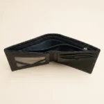 Front and interior view of Burberry men's black textured leather bifold wallet with embossed logo (1)