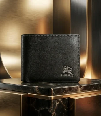 Front and interior view of Burberry men's black textured leather bifold wallet with embossed logo (2)