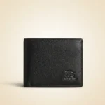 Front and interior view of Burberry men's black textured leather bifold wallet with embossed logo (3)