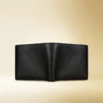 Front and interior view of Burberry men's black textured leather bifold wallet with embossed logo (5)
