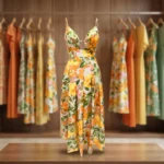 Full length front view of a woman wearing a sleeveless yellow and orange floral maxi dress with a deep V neck and cutout detail (2)