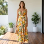 Full length front view of a woman wearing a sleeveless yellow and orange floral maxi dress with a deep V neck and cutout detail (3)