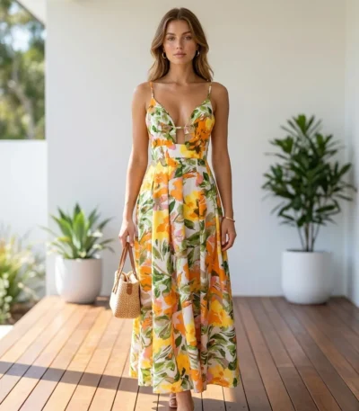 Full length front view of a woman wearing a sleeveless yellow and orange floral maxi dress with a deep V neck and cutout detail (3)