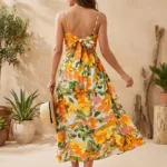 Full length front view of a woman wearing a sleeveless yellow and orange floral maxi dress with a deep V neck and cutout detail (4)