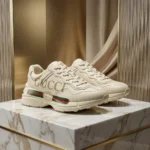 Gucci Rhyton ivory leather sneaker with web stripe for men (1)