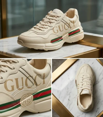 Gucci Rhyton ivory leather sneaker with web stripe for men (4)