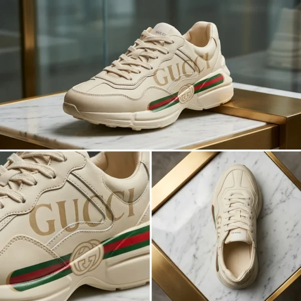 Gucci Rhyton ivory leather sneaker with web stripe for men (4)