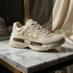Gucci Rhyton ivory leather sneaker with web stripe for men (5)