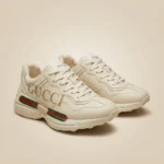 Gucci Rhyton ivory leather sneaker with web stripe for men (6)