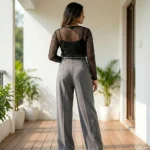 High waist solid grey pleated wide leg trousers for women (2)