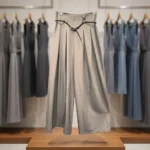 High waist solid grey pleated wide leg trousers for women (3)