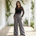 High waist solid grey pleated wide leg trousers for women (4)