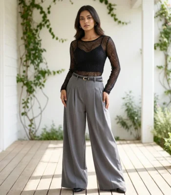 High waist solid grey pleated wide leg trousers for women (4)
