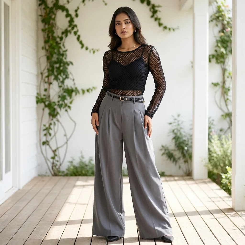 High waist solid grey pleated wide leg trousers for women (4)