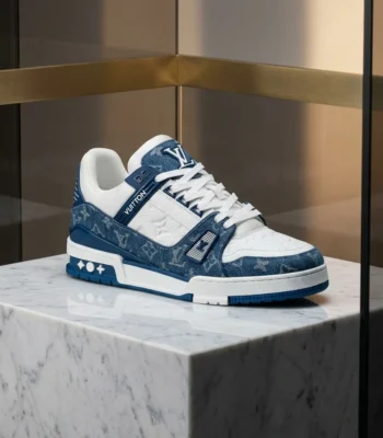 Louis Vuitton Trainer sneaker in blue monogram denim and white leather (6)