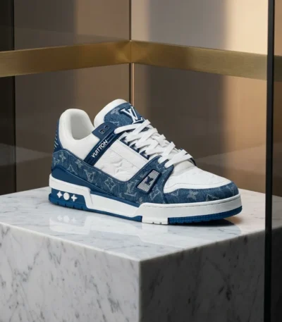 Louis Vuitton Trainer sneaker in blue monogram denim and white leather (6)