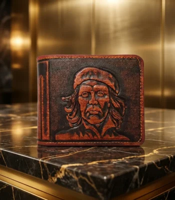 Men's brown textured bi fold wallet with embossed Che Guevara design (3)