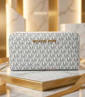 Michael Kors Vanilla Signature MK Logo Continental Zip Around Wallet for Women (2)