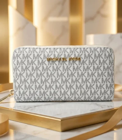Michael Kors Vanilla Signature MK Logo Continental Zip Around Wallet for Women (2)