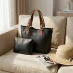 PRADA black leather tote bag with brown handles and matching crossbody pouch (1)