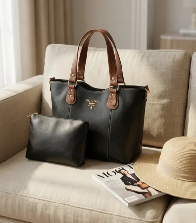 PRADA black leather tote bag with brown handles and matching crossbody pouch (1)