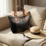 PRADA black leather tote bag with brown handles and matching crossbody pouch (3)