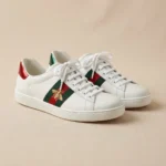 Pair of premium white leather luxury sneakers with green and red stripe (2)