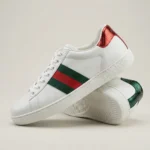 Pair of premium white leather luxury sneakers with green and red stripe (3)
