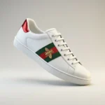 Pair of premium white leather luxury sneakers with green and red stripe (4)