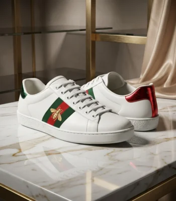 Pair of premium white leather luxury sneakers with green and red stripe (5)