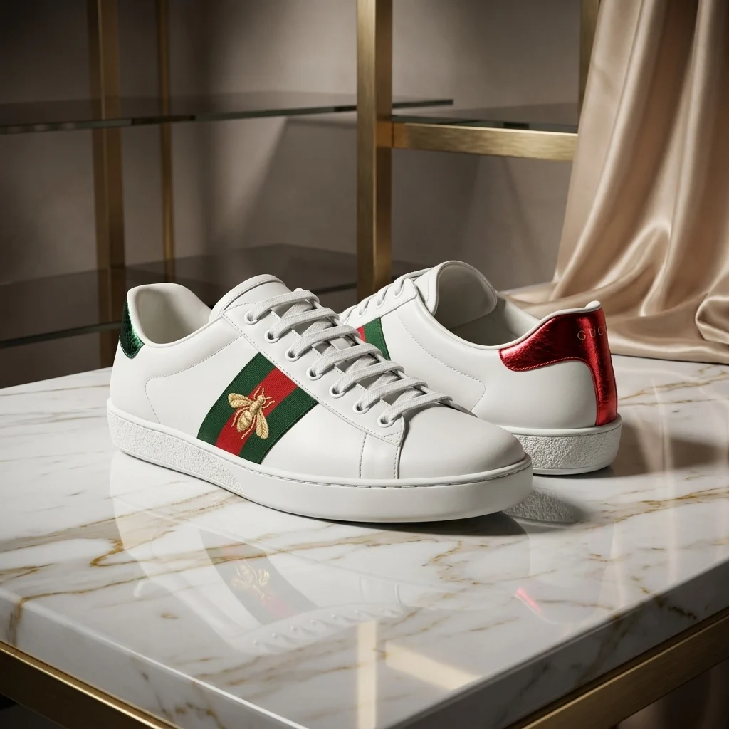 Pair of premium white leather luxury sneakers with green and red stripe (5)