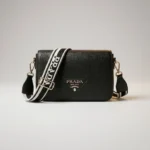 Prada Black Pebbled Leather Crossbody Bag with White Logo Webbing Strap (3)